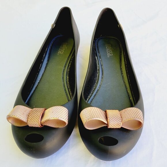 Melissa Women's Black Peep Toe Ultragirl Sweet Bow Flats - size 5 - Picture 2 of 10